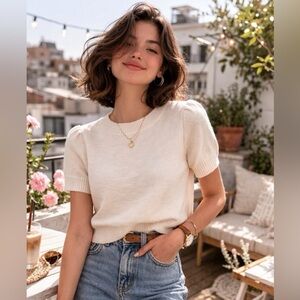 🌷 Happily Grey Cream Puff Sleeve Knit Sweater Top NWT Womens Size M Cute